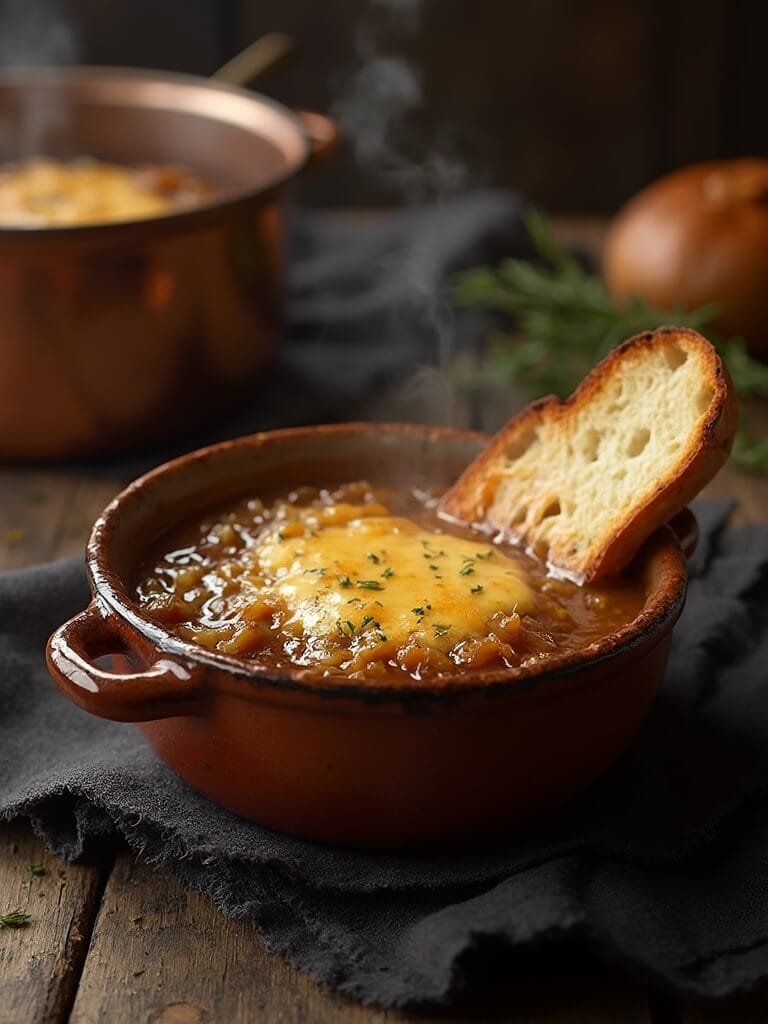 "ceramic bowl of french onion soup with caramelized onions and gruyère cheese on rustic table with dutch oven in the background"