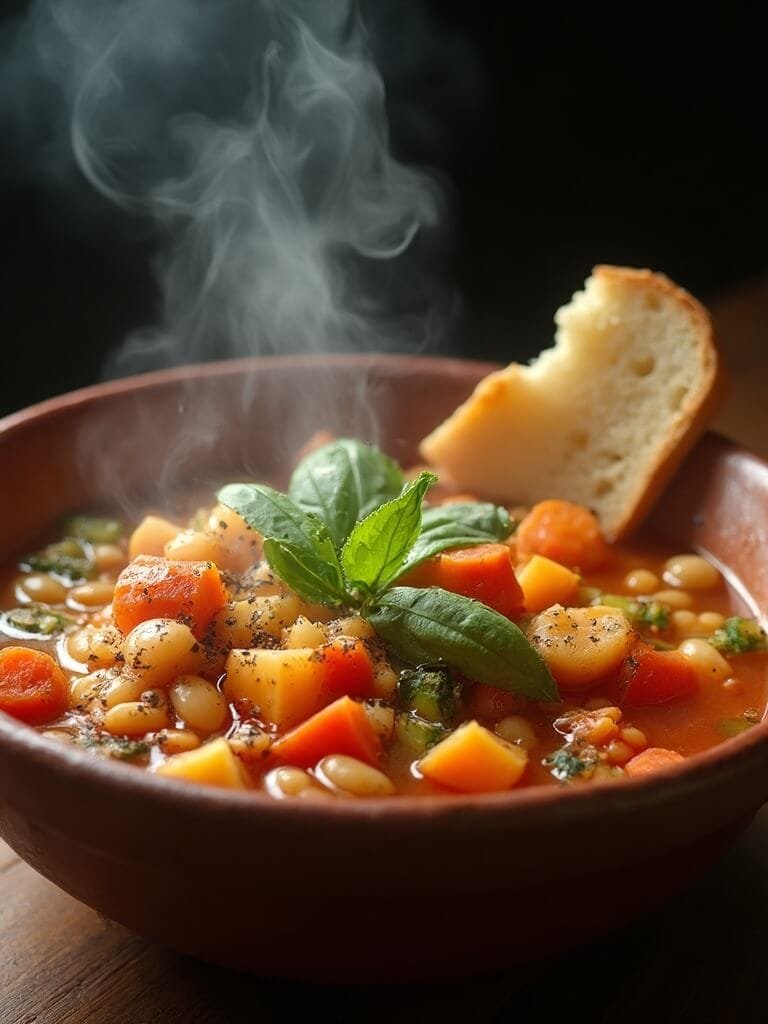 "closeup of steaming bowl of minestrone soup with diced vegetables, pasta, and basil leaves, garnished with olive oil and parmesan, alongside crusty bread. "