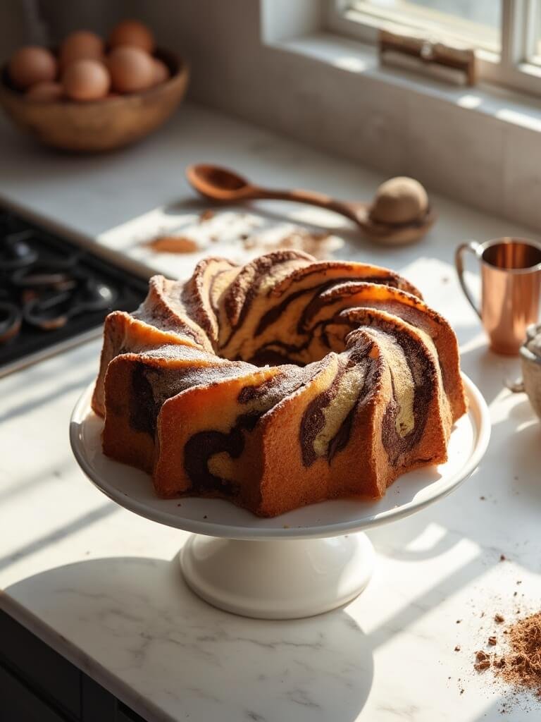 "overhead view of a marble bundt cake with vanilla and chocolate swirls on a white stand, with baking ingredients in the background"