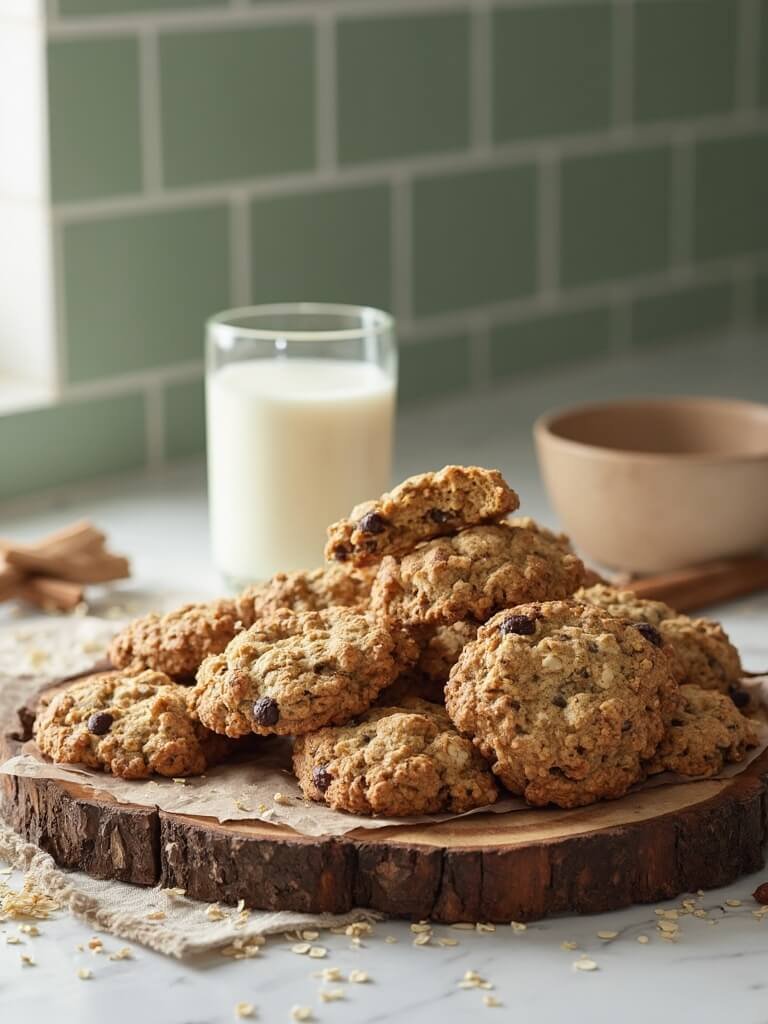"freshly baked oatmeal raisin cookies on rustic wooden board with a vintage glass of milk in a modern kitchen"