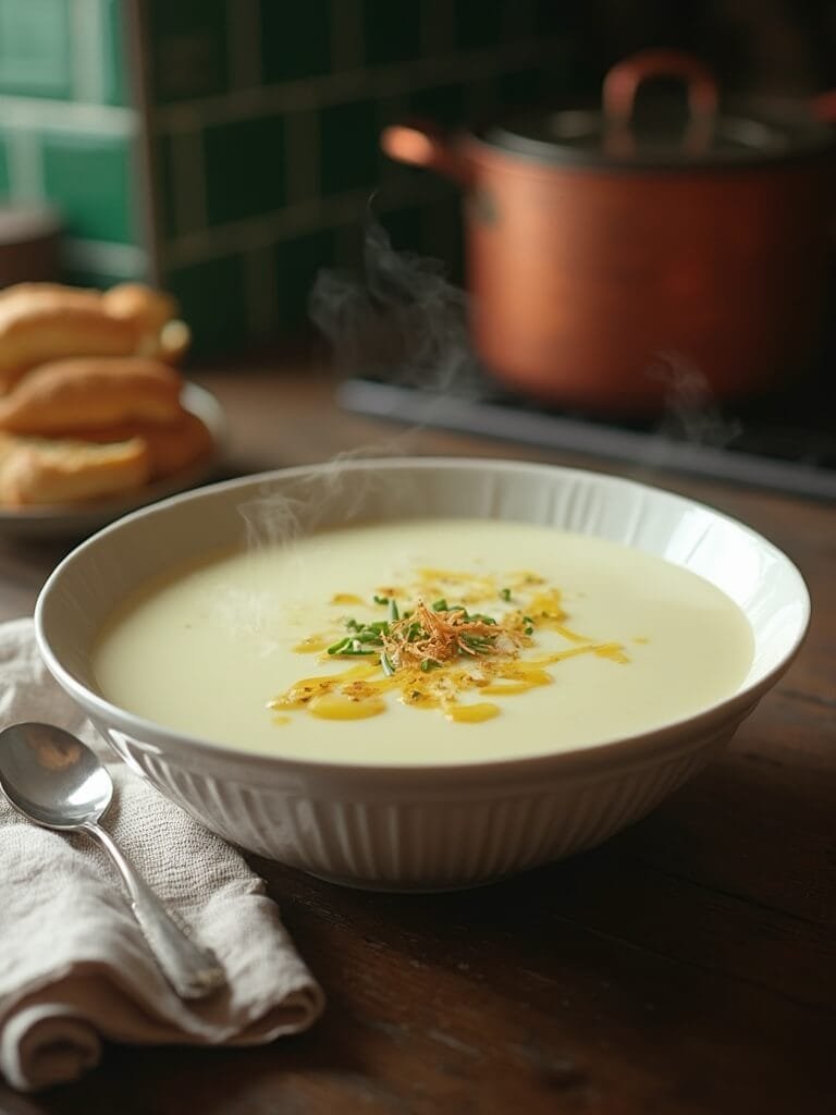 Classic Potato Leek Soup (Creamy &Amp; Comforting) 43 "creamy potato leek soup in a white ceramic bowl garnished with fresh chives and fried leeks, served with artisanal bread on a rustic wooden table"