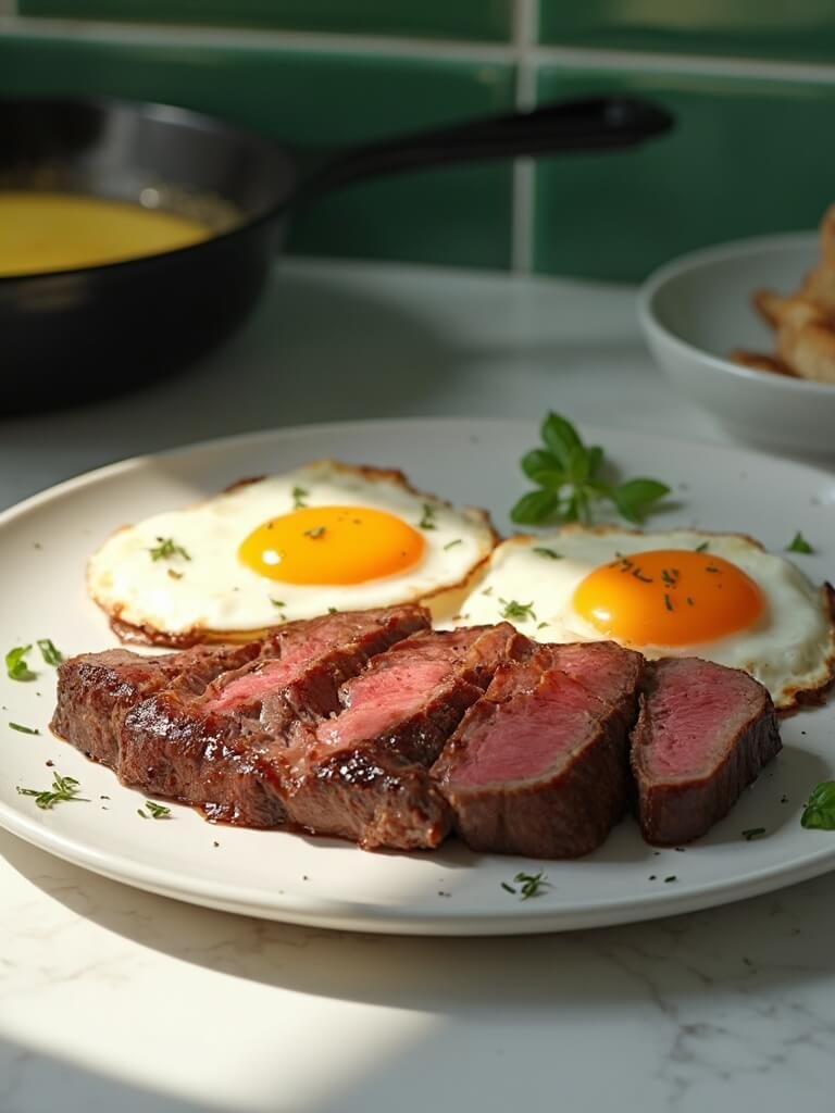 "medium-rare new york strip steak with sunny-side-up eggs on a white ceramic plate, garnished with fresh thyme sprigs, on a marble countertop with a cast iron skillet in the background"