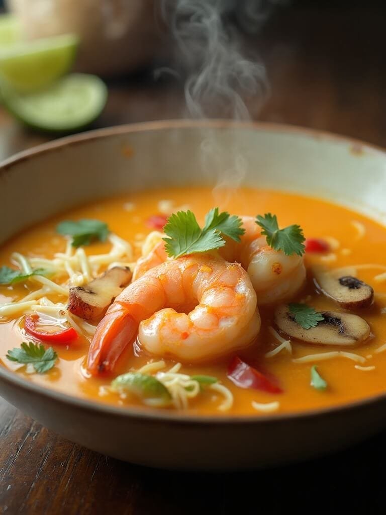 "steaming bowl of coconut curry shrimp soup with fresh ingredients in a ceramic bowl on a wooden surface, shot in 8k resolution"