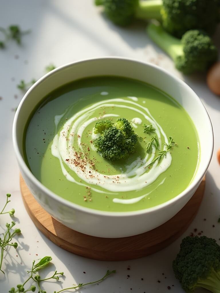 "cream of broccoli soup with garnish in a ceramic bowl on a rustic background"