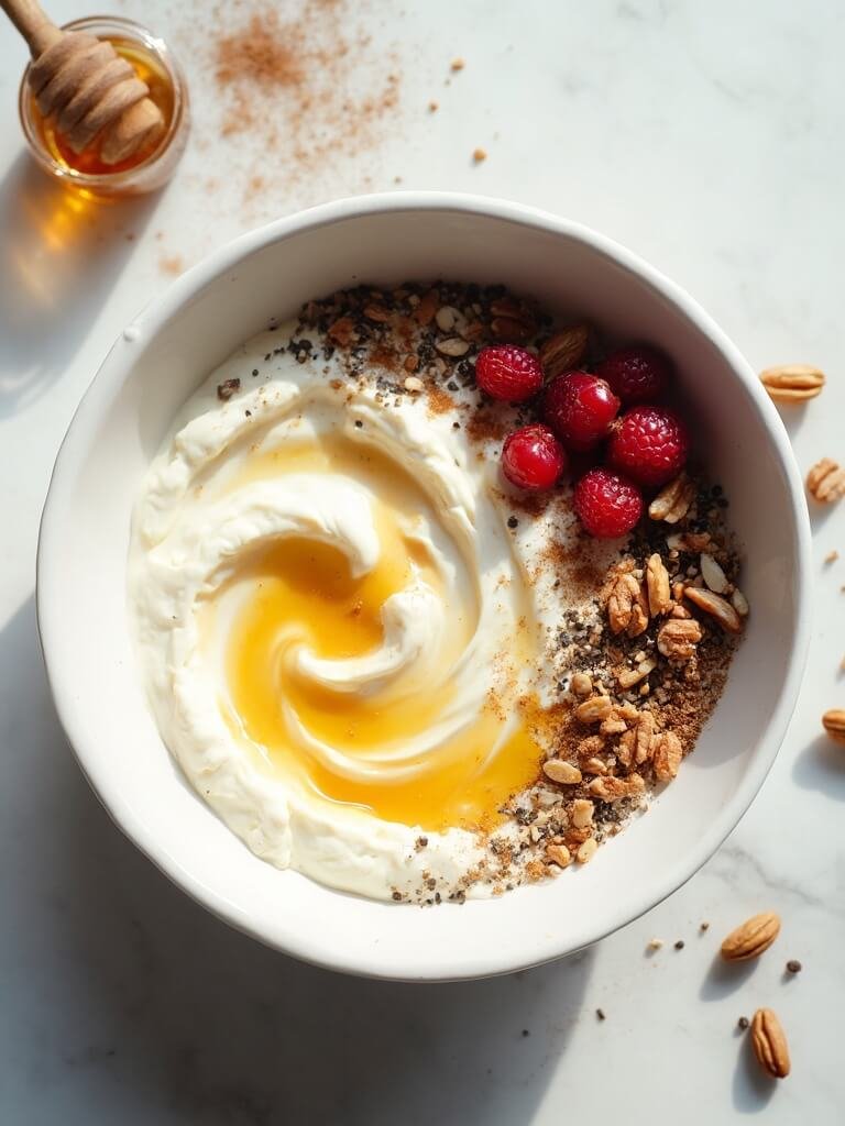 "creamy cottage cheese power bowl with mixed nuts, seeds, honey, berries and cinnamon on a marble countertop"