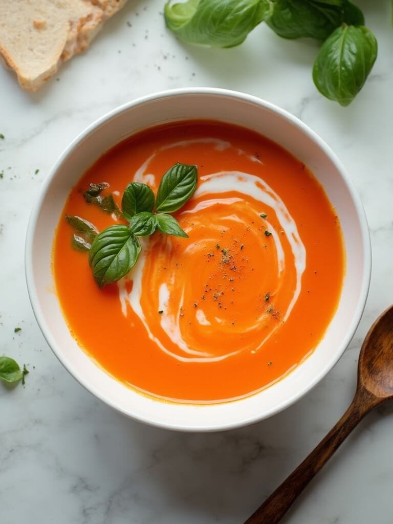 "bowl of creamy tomato soup with basil garnish on a marble countertop"