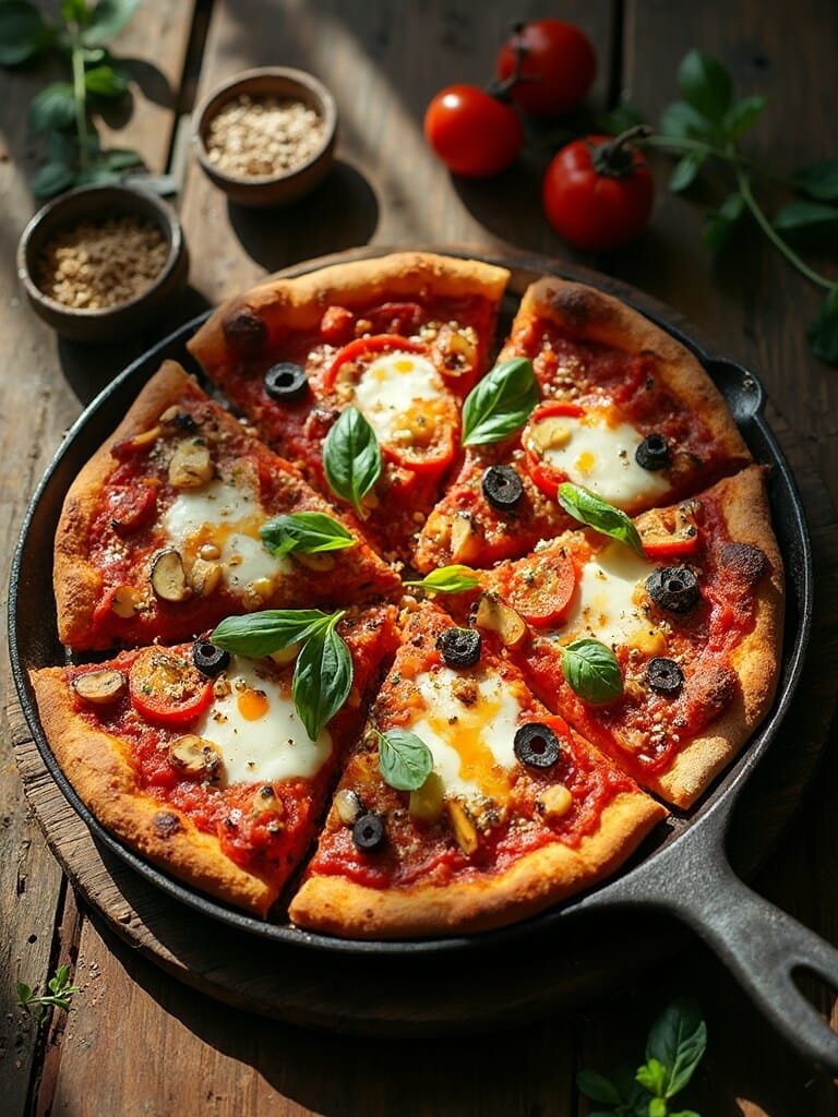 "overhead shot of grilled paneer pizza in a rustic cast-iron skillet, topped with pizza sauce, melted cheese, bell peppers, mushrooms, and olives, on a weathered wood surface with italian seasonings and olive oil"