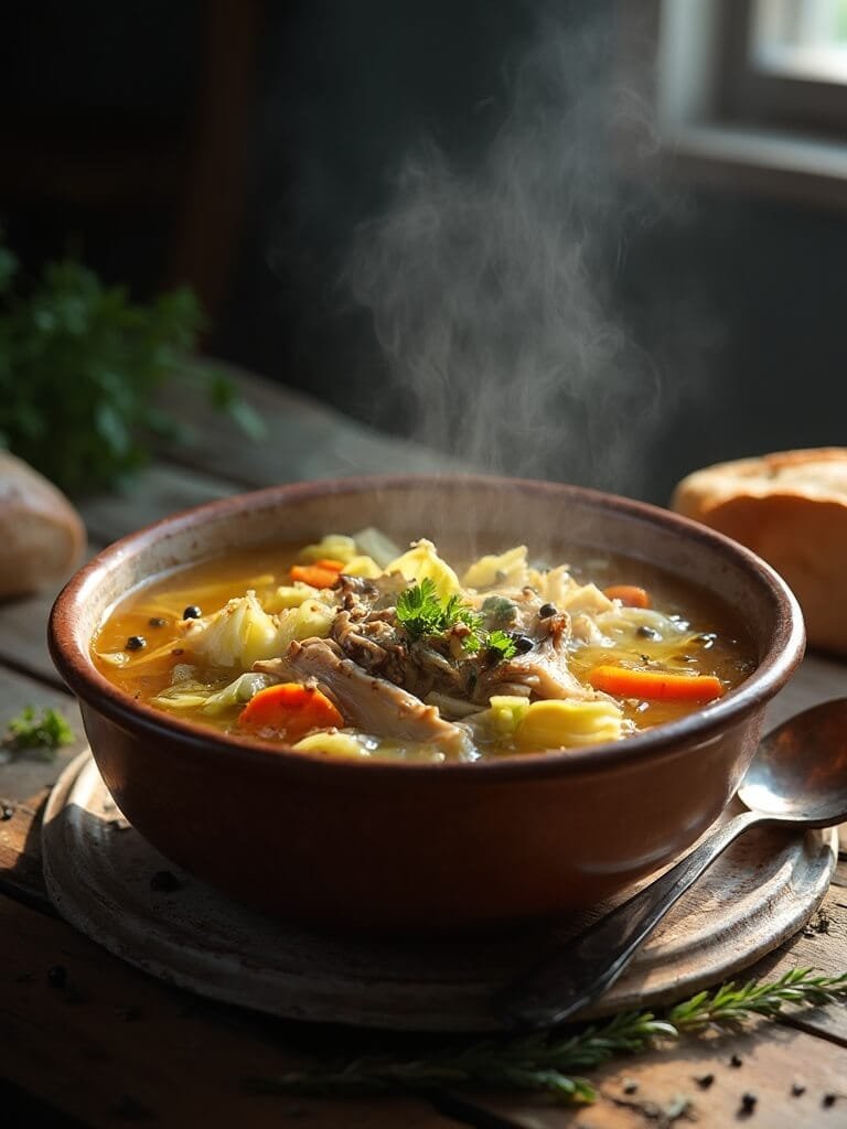 "steaming bowl of duck and cabbage soup with fresh parsley and peppercorns garnish, on a rustic wooden table with crusty bread and vintage spoon"