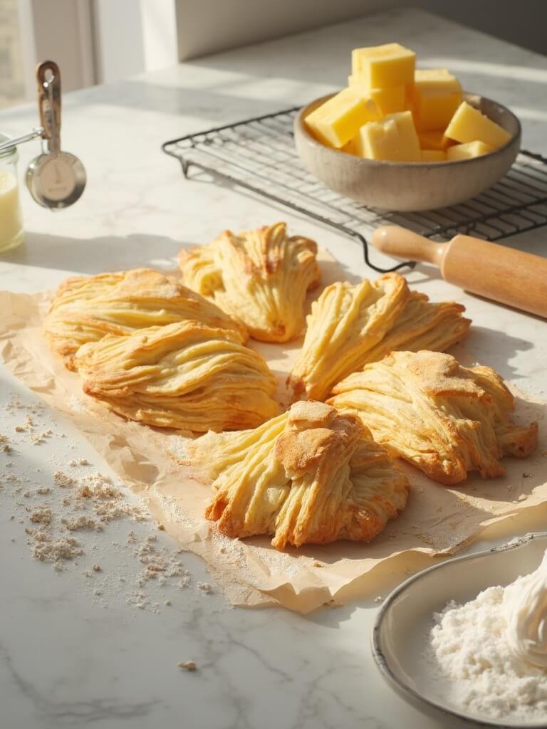 "golden-brown flaky pastries on a marble countertop with butter cubes, wooden rolling pin and vintage measuring cups, illuminated by natural sunlight. "