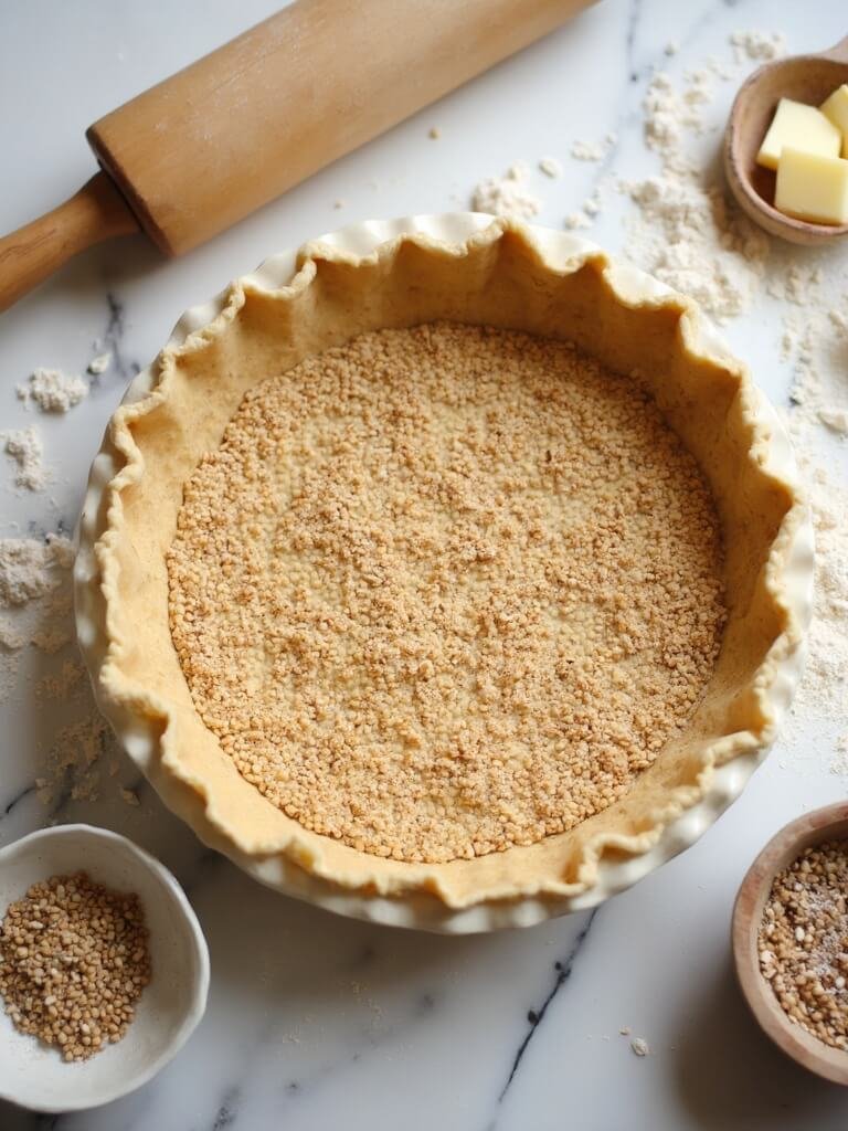 "partially pre-baked rustic flaxseed pie crust in a ceramic dish on a marble countertop with surrounding ingredients"