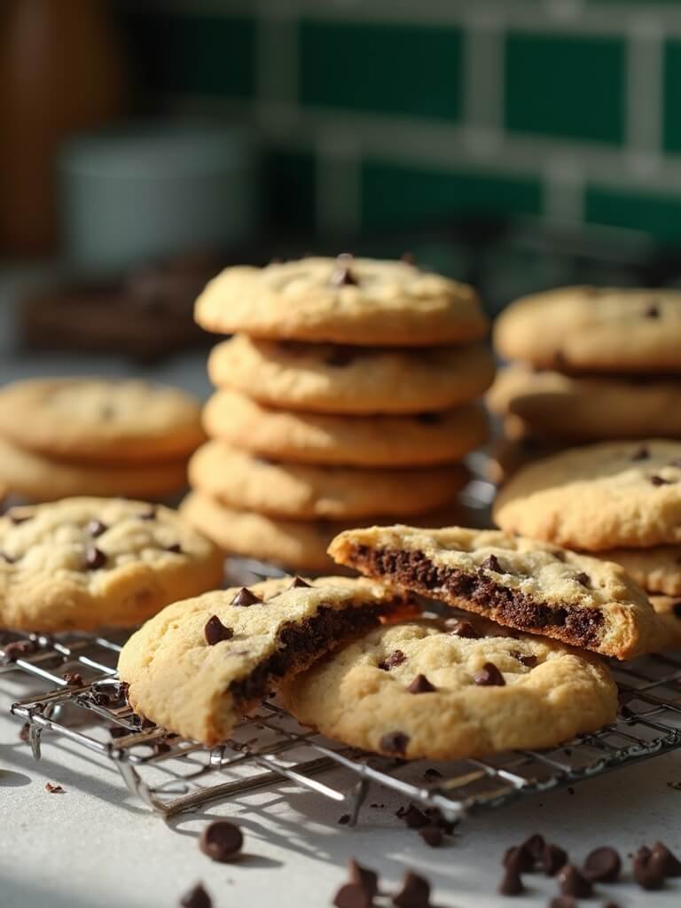 "freshly baked chocolate chip cookies on a cooling rack in a modern kitchen, highlighted by natural daylight. "