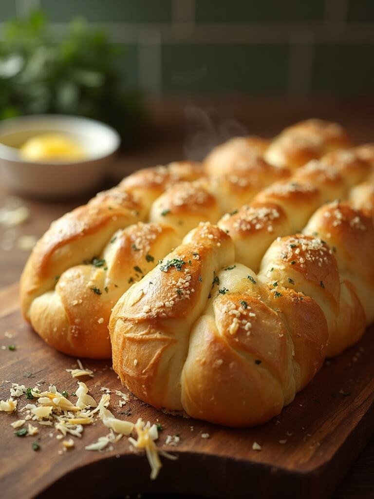 "freshly baked garlic parmesan breadsticks on a rustic wooden board in a modern kitchen"
