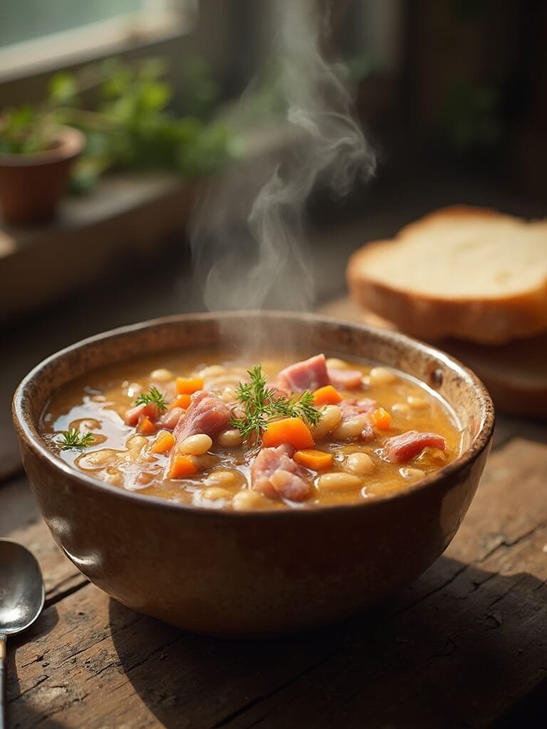 "steaming bowl of ham & bean soup with carrots and celery garnished with parsley, served on a rustic wooden table with crusty bread and a vintage spoon"