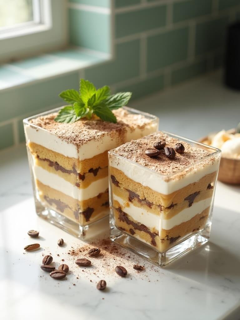 "layered tiramisu in clear glass dish on marble countertop with square portion being lifted, garnished with mint and espresso beans"