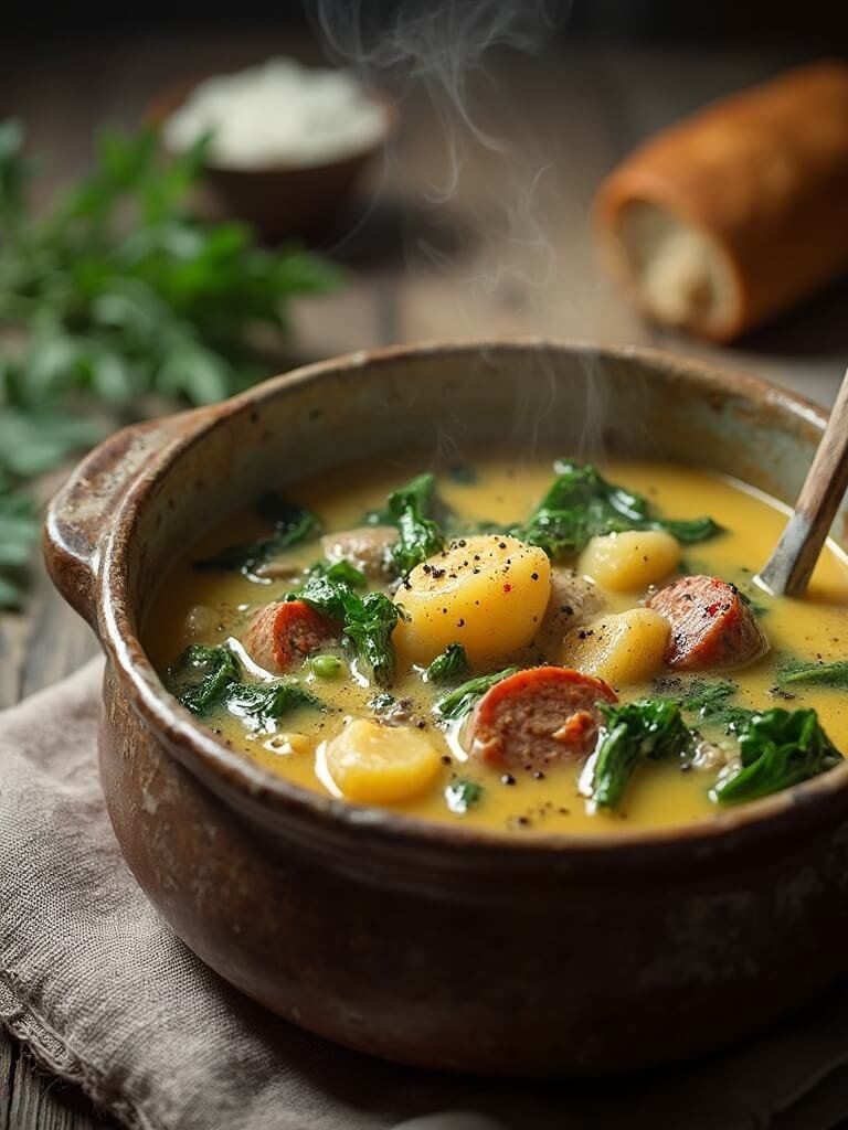 "steaming bowl of italian sausage and kale soup with yukon gold potatoes in creamy broth, garnished with pepper flakes, on a wooden table with scattered herbs and crusty bread. "