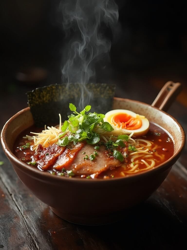 "a steaming bowl of homemade pork ramen with classic toppings on a rustic table, dramatically lit from the side"