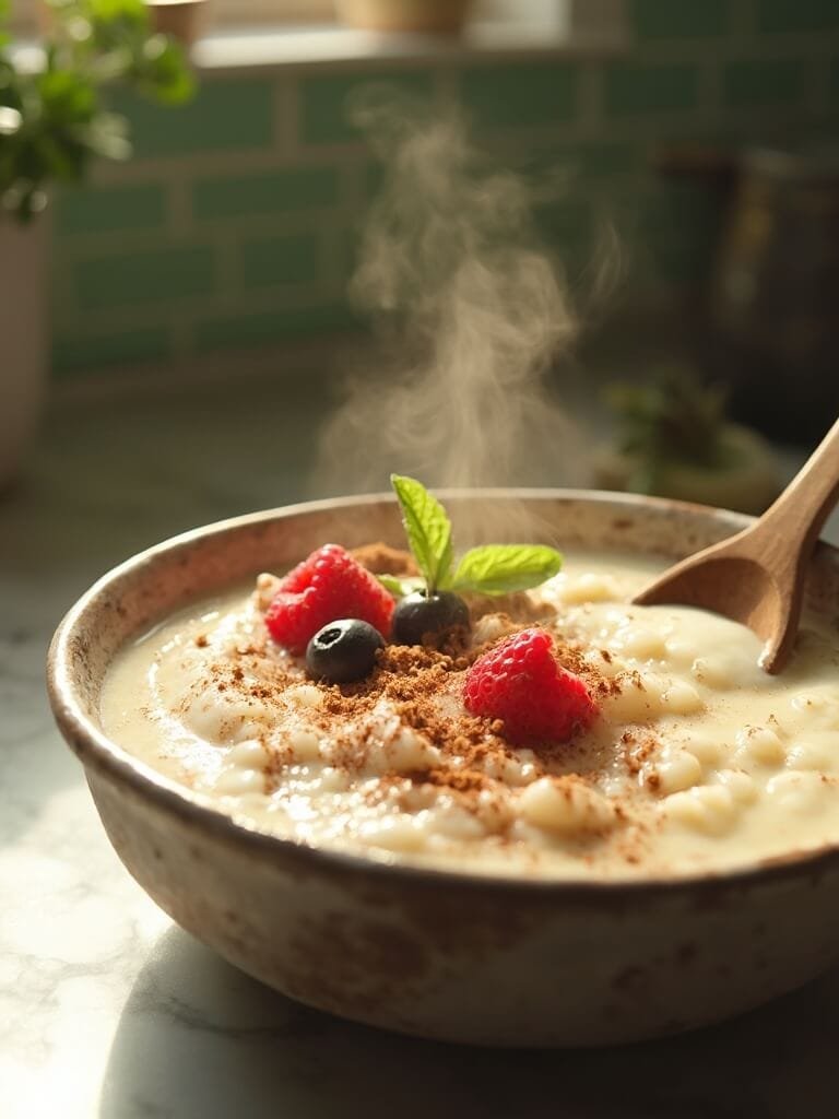 Protein Rice Pudding (Keto Cauliflower Version) 31 "creamy cauliflower rice pudding with cinnamon and berries in a rustic bowl on a marble countertop"