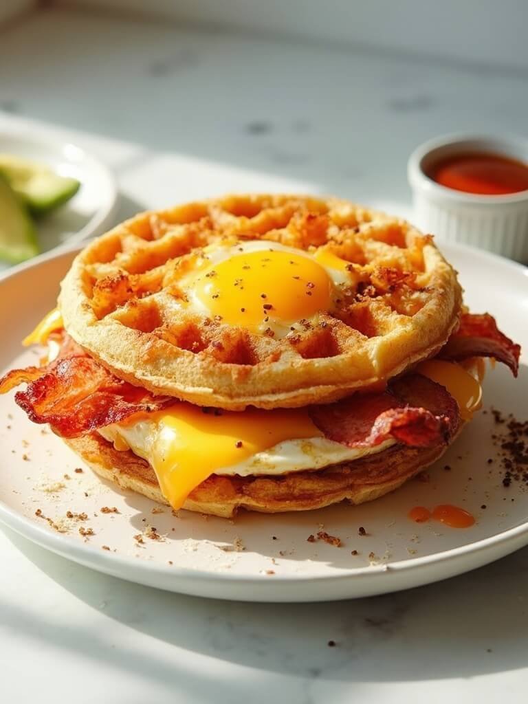 Keto Breakfast Sandwich (With Chaffles) 19 "gourmet keto breakfast sandwich with crispy bacon, sunny-side-up egg, and melted cheese in between two chaffles on a white plate, garnished with avocado and sriracha sauce. "
