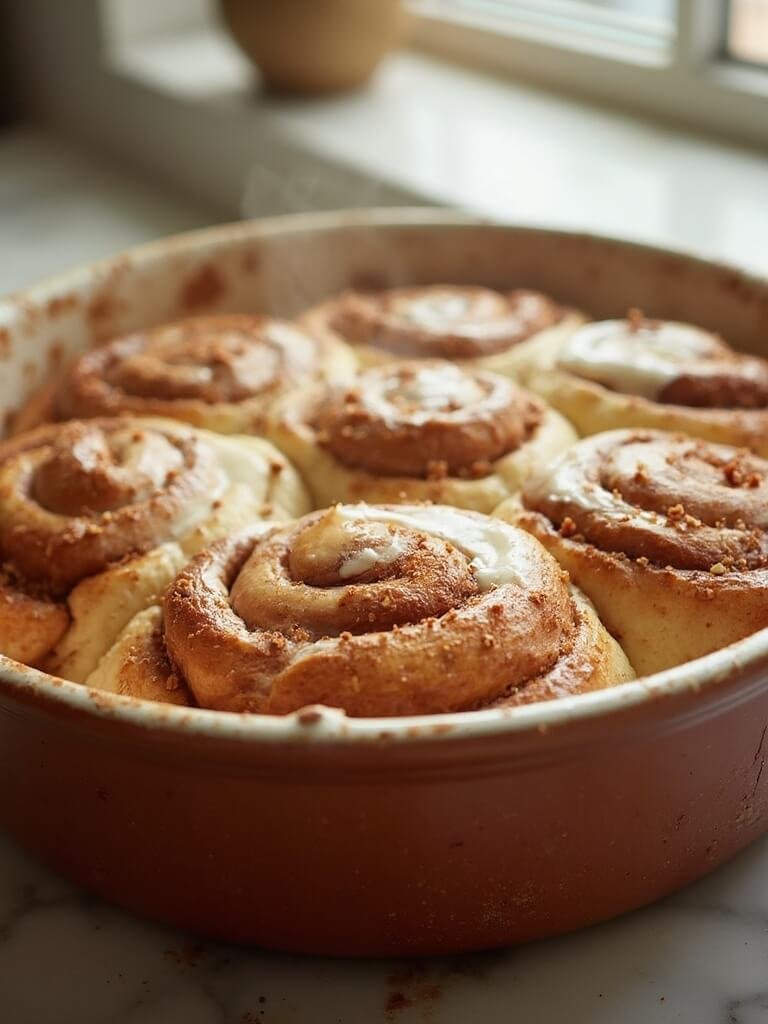 "close-up of keto cinnamon rolls in a pan with cream cheese frosting and almond flour dusting, in a soft morning light"