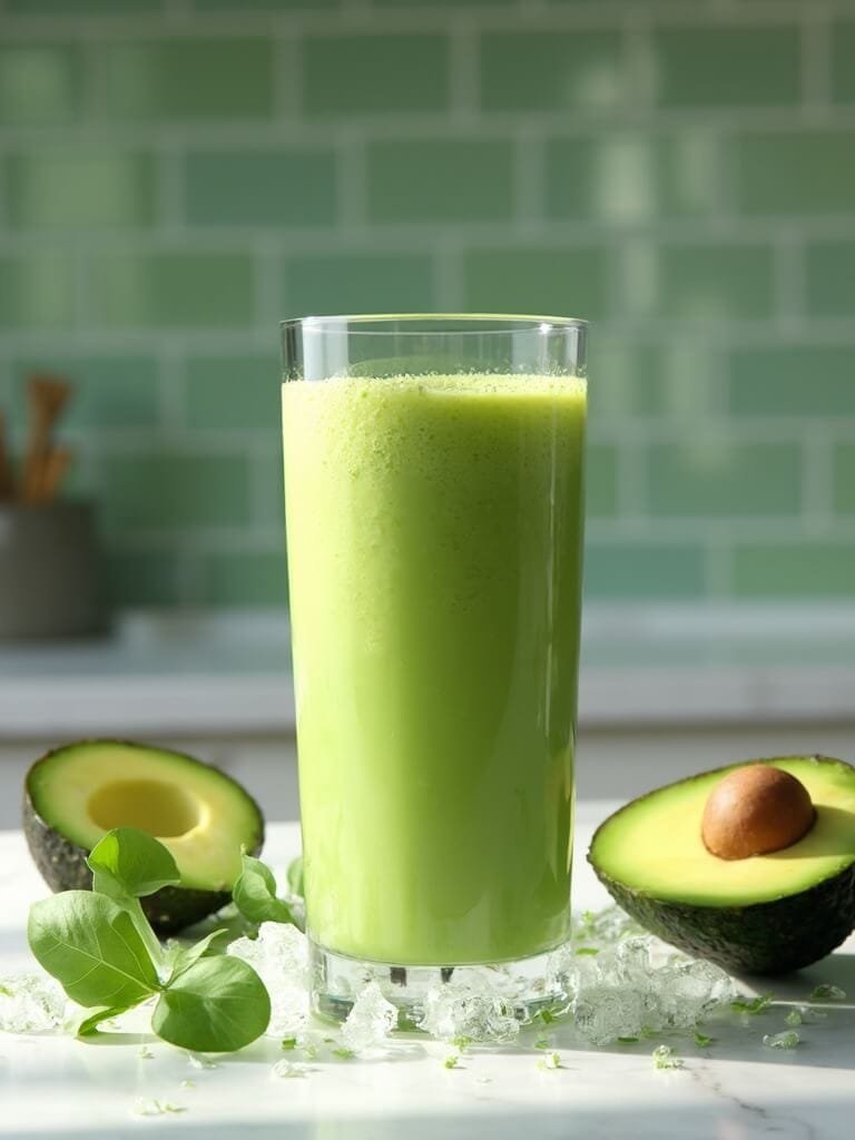 Keto Green Protein Smoothie 13 "green keto protein smoothie in a glass, with avocado, spinach, and almond milk on a marble countertop in a modern kitchen"