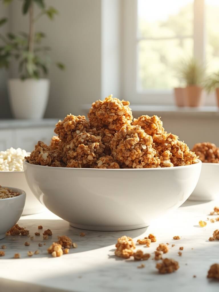 "golden-brown keto granola clusters in a white bowl, with visible nuts, seeds, and coconut flakes, on a marble countertop with raw ingredients in the background"