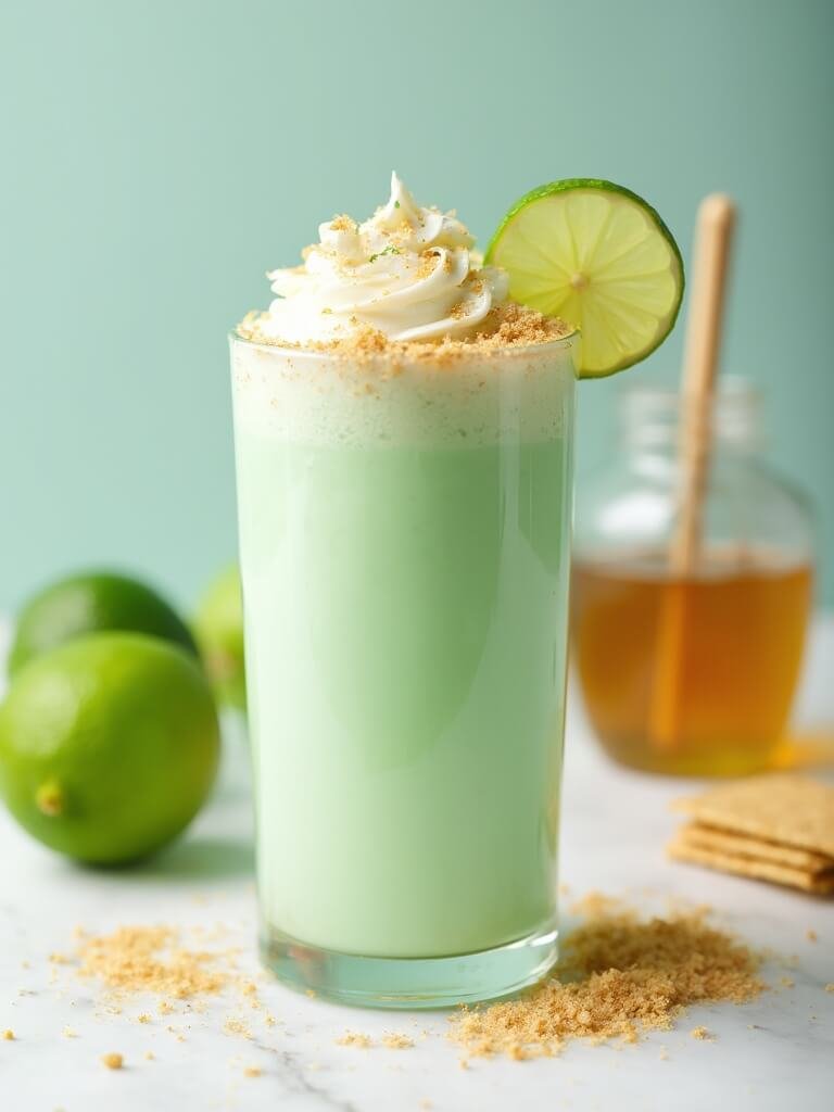"key lime pie protein shake with whipped cream and graham cracker crumbs, alongside fresh ingredients on a clean white background"