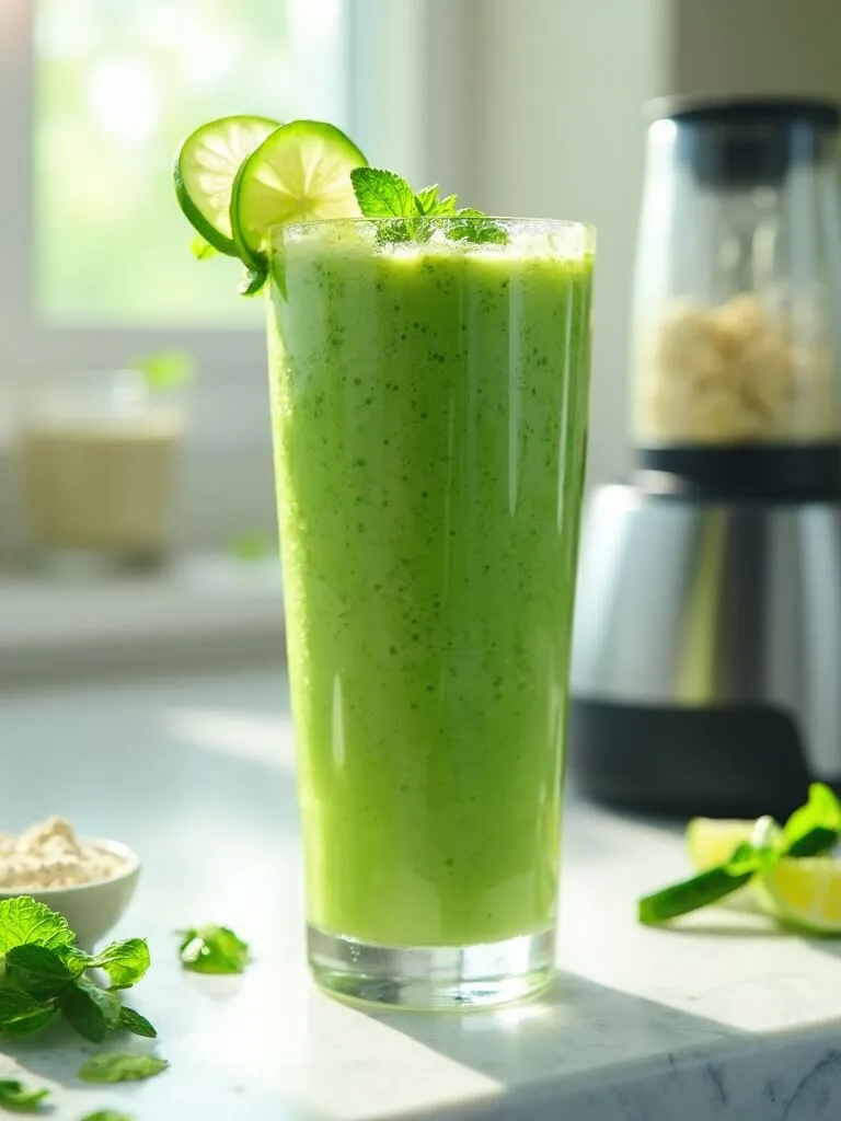 Mint Cucumber Protein Smoothie - A Refreshing High-Protein Drink 2 "green mint-cucumber protein smoothie in a frosted glass on a marble countertop, garnished with cucumber and lime, with ingredients and blender in the background. "