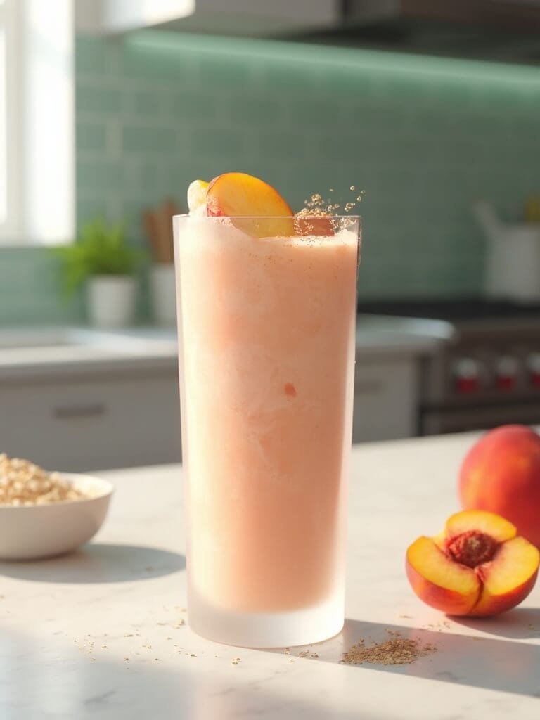 "peach cream protein shake in a frosted glass on a marble countertop in a modern kitchen, surrounded by ingredients like fresh peaches, protein powder, and greek yogurt. "