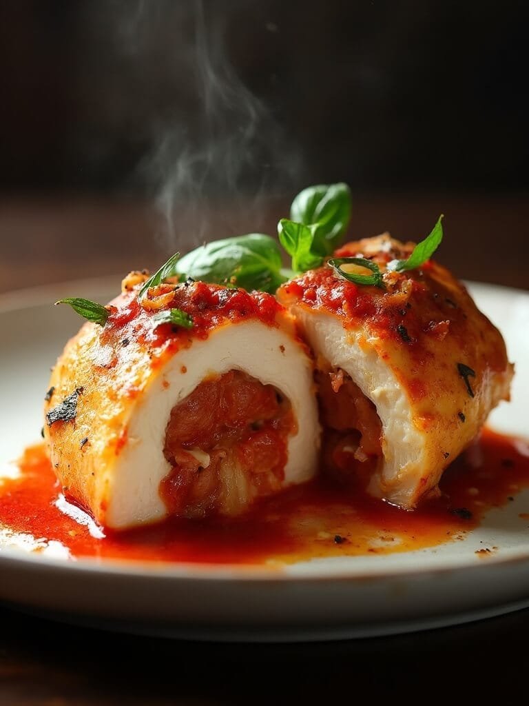 "sliced pizza-stuffed chicken breast with pepperoni, mozzarella, and marinara sauce in dramatic lighting on a rustic wood surface"