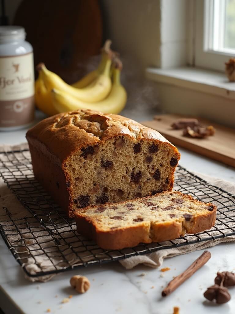 "protein banana bread with chocolate chips and walnuts on rustic kitchen counter"