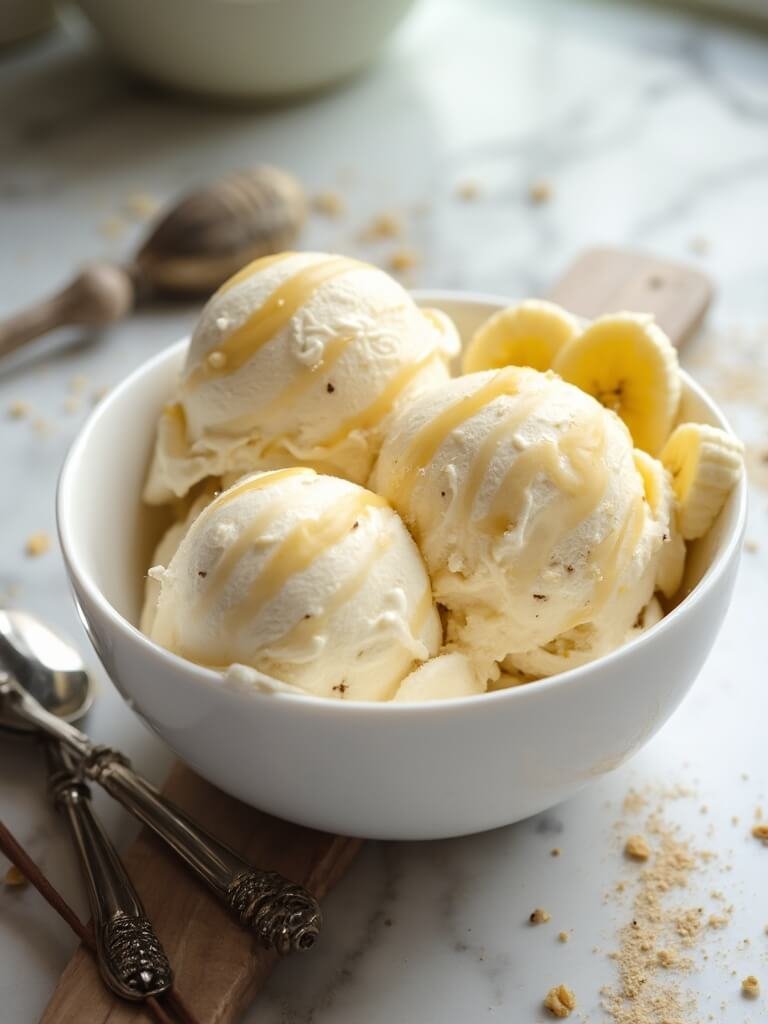 "protein ice cream with banana and yogurt swirl in a white ceramic bowl on a marble surface, garnished with honey drizzle and crushed nuts"