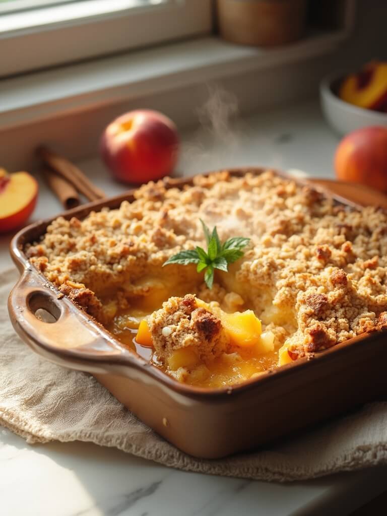 "freshly baked protein peach cobbler in rustic ceramic dish garnished with fresh mint, surrounded by fresh peaches and cinnamon sticks on a marble countertop"