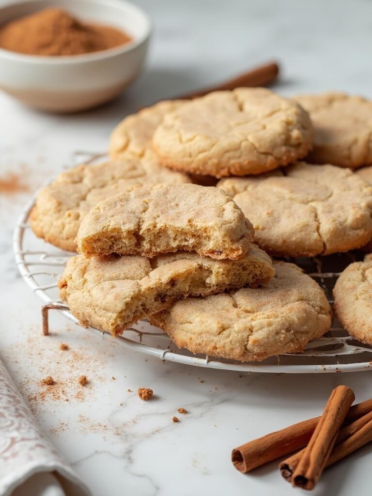 "close-up of protein snickerdoodle cookies with cinnamon-sugar coating on a white ceramic cooling rack, next to a bowl of cinnamon-sugar and cinnamon sticks"