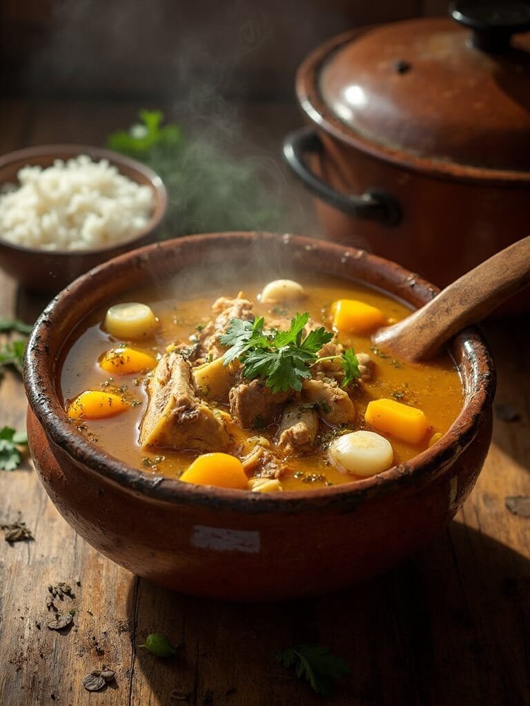 "overhead view of a bowl of steaming sancocho stew with root vegetables, fresh cilantro, and a side of rice, in a rustic caribbean kitchen setting. "