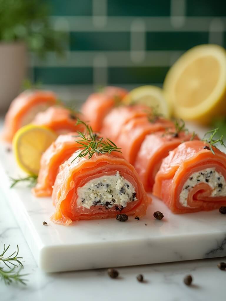 Easy Smoked Salmon &Amp; Cream Cheese Roll-Ups 37 "close-up of smoked salmon and cream cheese pinwheels on a white marble platter, garnished with dill, lemon, and capers in a contemporary kitchen setting"