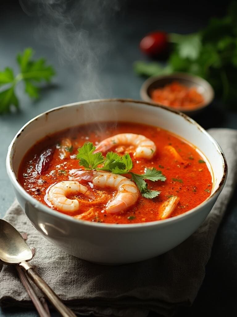 "overhead shot of spicy shrimp tom yum soup with aromatic garnishes in a white ceramic bowl on a dark surface"