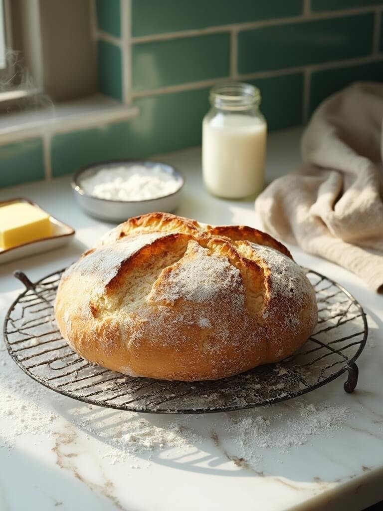 "freshly baked irish soda bread on a cooling rack with scattered ingredients on a marble countertop"