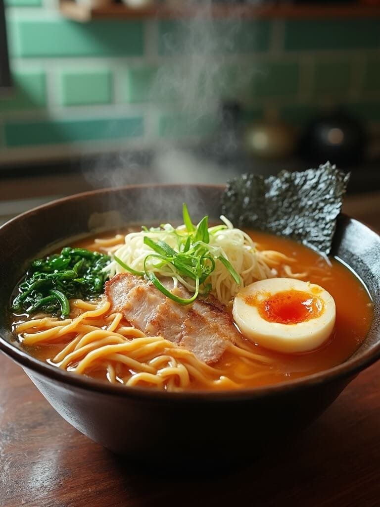 "traditional japanese ramen with chashu, egg, and nori in a deep bowl, beautifully presented in a modern kitchen setting. "