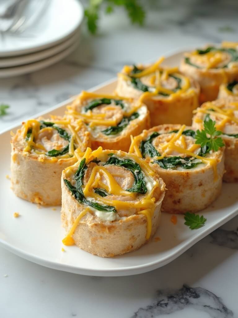 "delicious turkey and cheese breakfast roll-ups with spinach and cream cheese pinwheels on a ceramic platter"