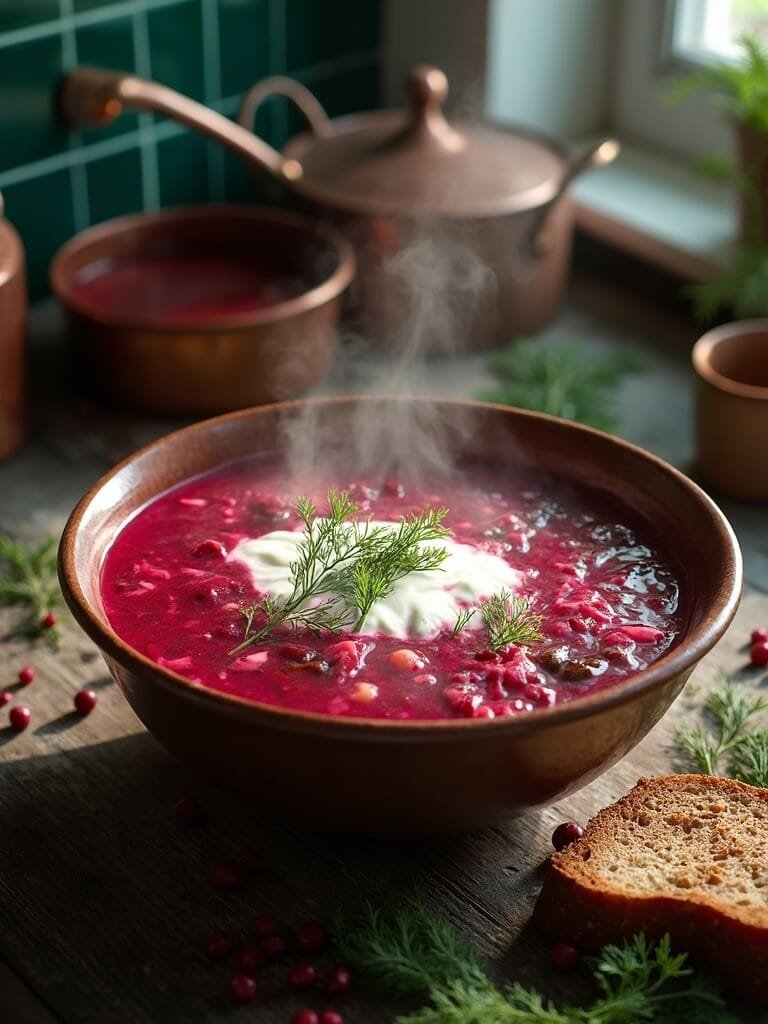 "traditional ukrainian borscht soup with sour cream and dill garnish in rustic bowl, served with rye bread on a weathered wooden table, in a vintage kitchen setting"