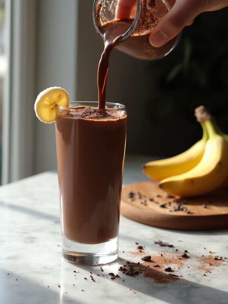 "chocolate chia smoothie being poured into a glass, garnished with banana slice and cocoa powder, on a marble countertop"